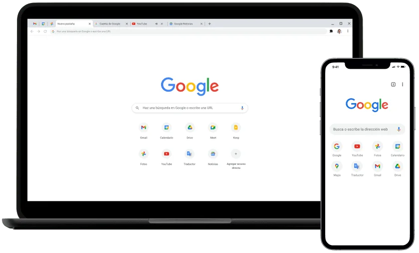 Laptop y dispositivo móvil que muestran la página principal de Google.com