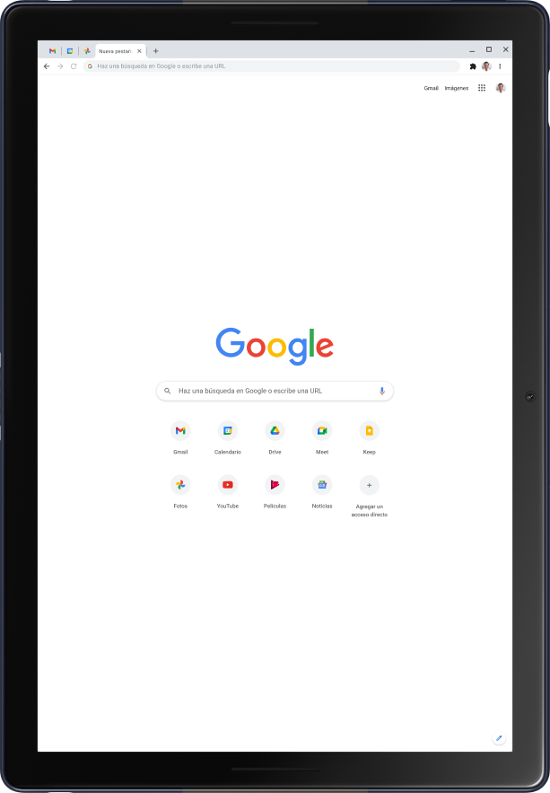 Tablet Pixel Slate en modo retrato que muestra la página principal de Google.