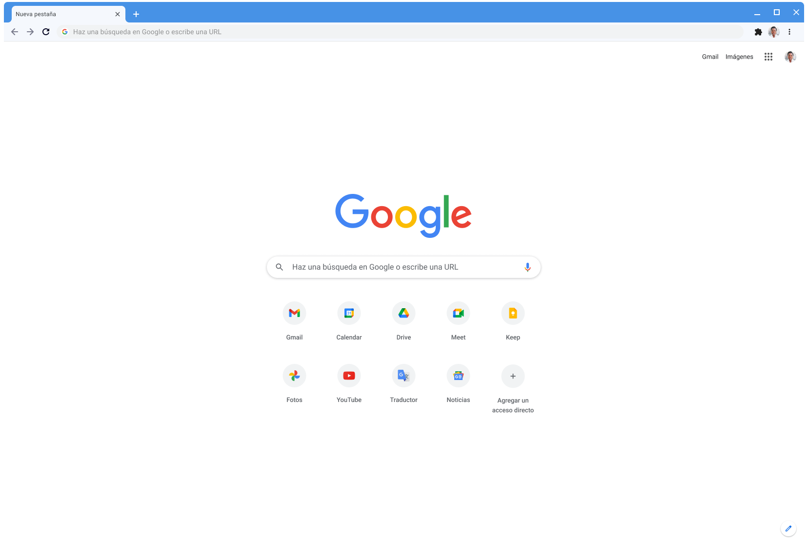 Ventana del navegador Chrome que muestra Google.com, con el tema clásico.