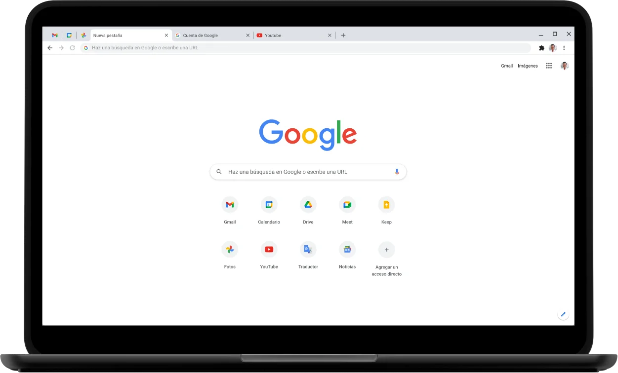 Esquina superior izquierda de la pantalla de una laptop Pixelbook que muestra Google.com.