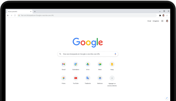 Esquina superior izquierda de la pantalla de una laptop Pixelbook Go que muestra la barra de búsqueda de Google.com y las apps favoritas.