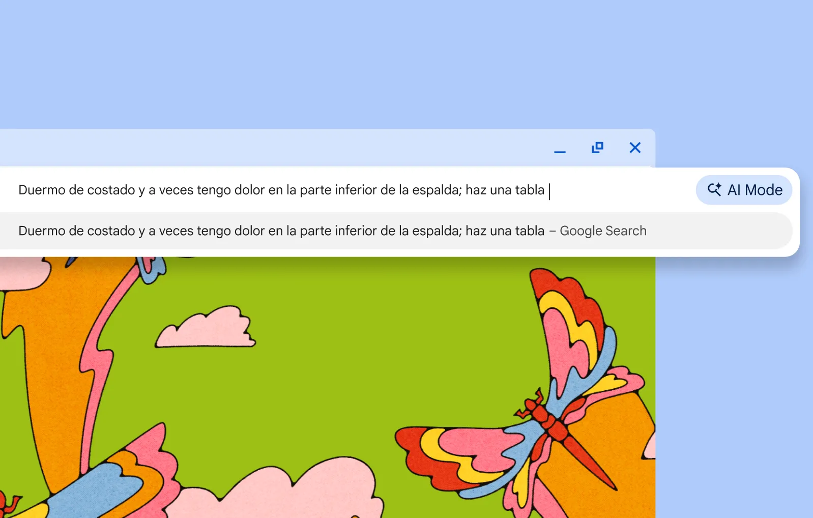 En la barra de búsqueda de Chrome, una usuaria le pide al Modo IA que cree una tabla comparativa de diferentes tipos de colchones.