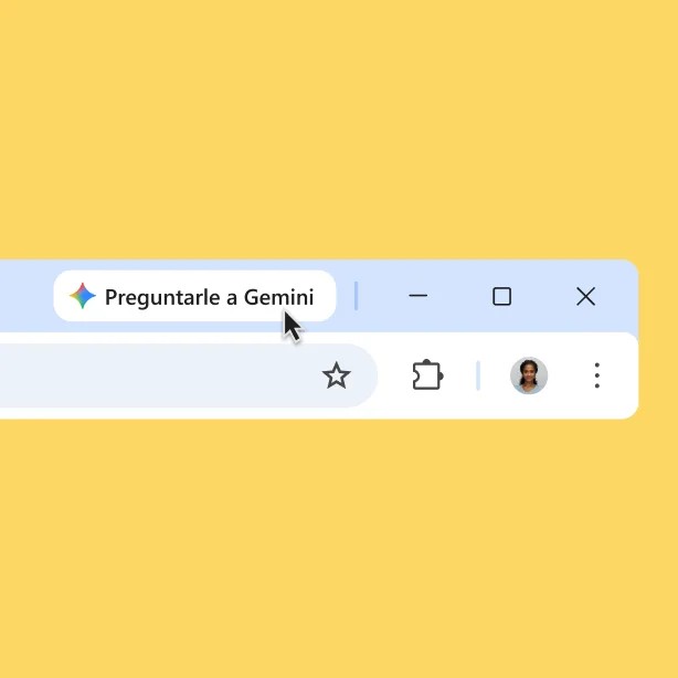 Se muestra un ícono de Gemini en la parte superior de una barra del navegador Chrome. El usuario coloca el cursor sobre el ícono. Un cuadro de información dice