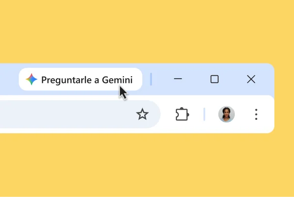 Se muestra un ícono de Gemini en la parte superior de una barra del navegador Chrome. El usuario coloca el cursor sobre el ícono. Un cuadro de información dice