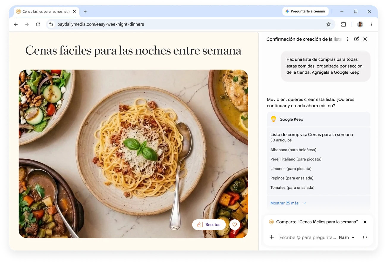 Gemini en Chrome crea una lista de compras a partir de una receta. Luego, el Modo IA crea una tabla que compara colchones para el dolor en la parte inferior de la espalda.