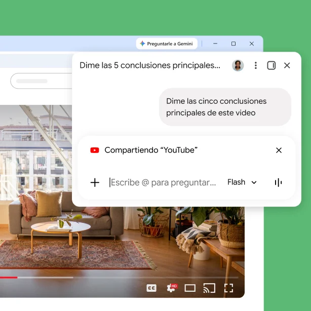 La ventana emergente de Gemini en Chrome está en una página de YouTube. El usuario le pide a Gemini en Chrome las 5 conclusiones principales del video.