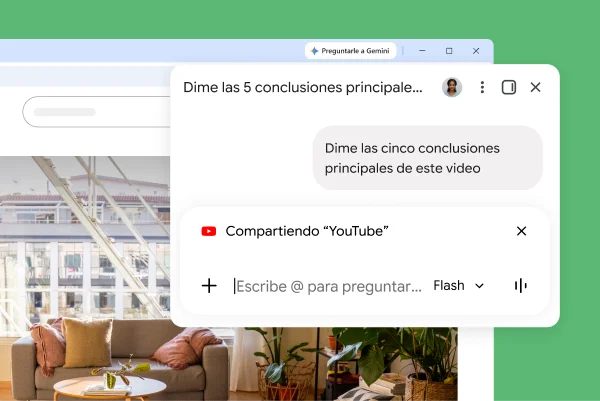 La ventana emergente de Gemini en Chrome está en una página de YouTube. El usuario le pide a Gemini en Chrome las 5 conclusiones principales del video.