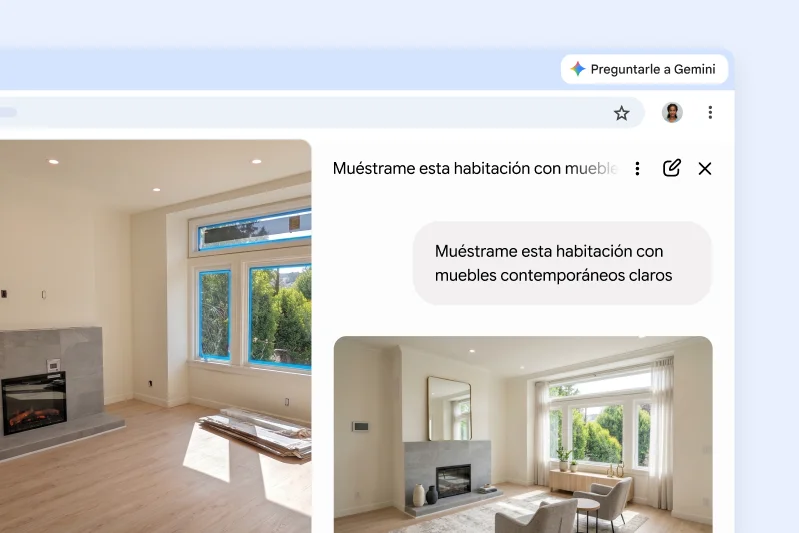 Una usuaria le pide a Gemini en Chrome que agregue muebles contemporáneos de color claro a una imagen de una sala de estar de una página web.