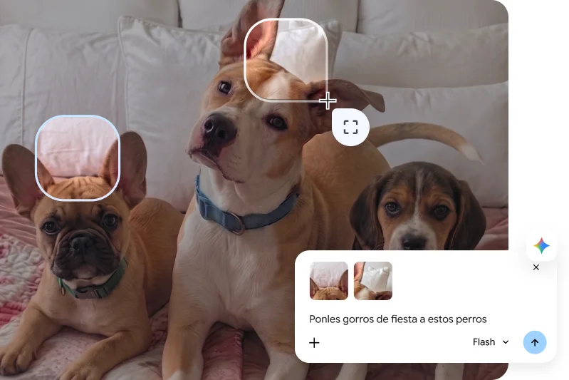 Una usuaria selecciona dos perros de una imagen de tres perros. Le pide a Gemini en Chrome que agregue gorros de fiesta a los perros seleccionados.