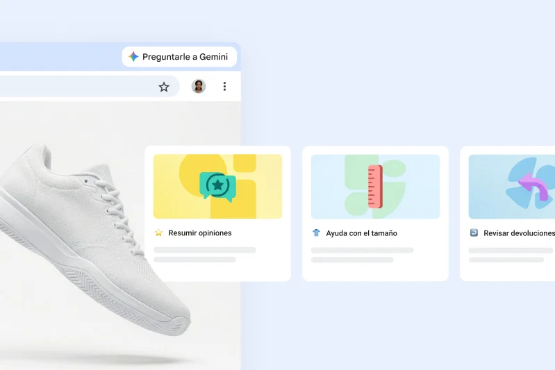 Una variedad de habilidades de Gemini en Chrome relacionadas con las compras en línea, como resumir opiniones, obtener ayuda con las tallas o consultar las devoluciones