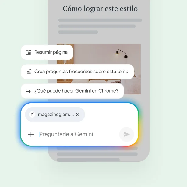 En una página web desde un teléfono celular, los controles permiten al usuario resumir la página, encontrar sitios relacionados o hacerle una pregunta a Gemini.