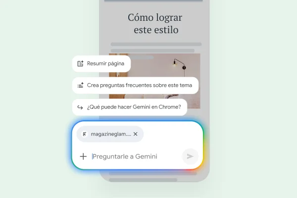 En una página web desde un teléfono celular, los controles permiten al usuario resumir la página, encontrar sitios relacionados o hacerle una pregunta a Gemini.