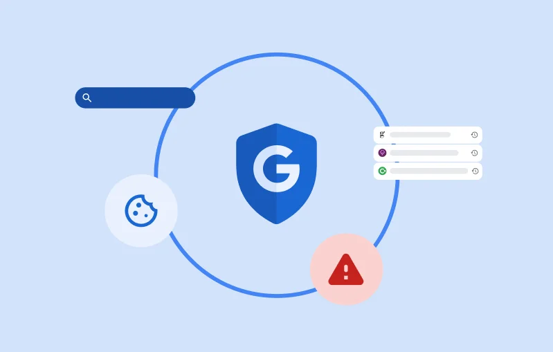 Una ilustración de un escudo de seguridad de Google azul centrado dentro de un anillo, rodeado de íconos que representan la búsqueda, las cookies, el historial de navegación y las alertas de amenazas de seguridad.