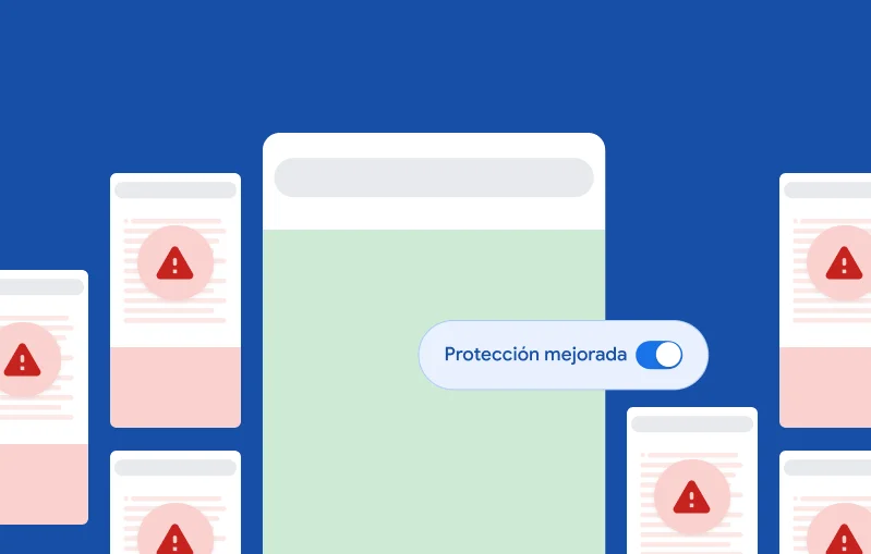 Ilustración de una ventana de navegador limpia con el botón de “Protección mejorada” activado, rodeada de ventanas de navegador que muestran símbolos rojos de advertencia de amenazas.