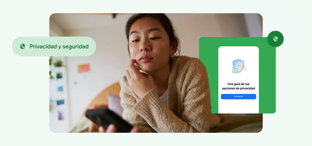 Una mujer toca su cara y mira su teléfono.