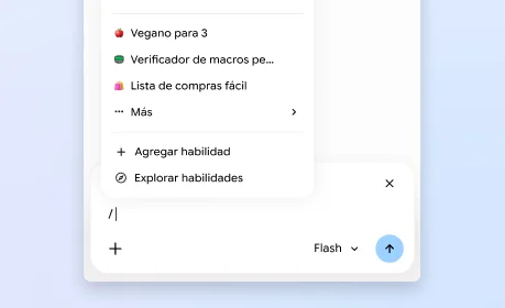 En el panel lateral de Gemini en Chrome, una usuaria abre un menú con formas de usar, agregar y explorar habilidades.