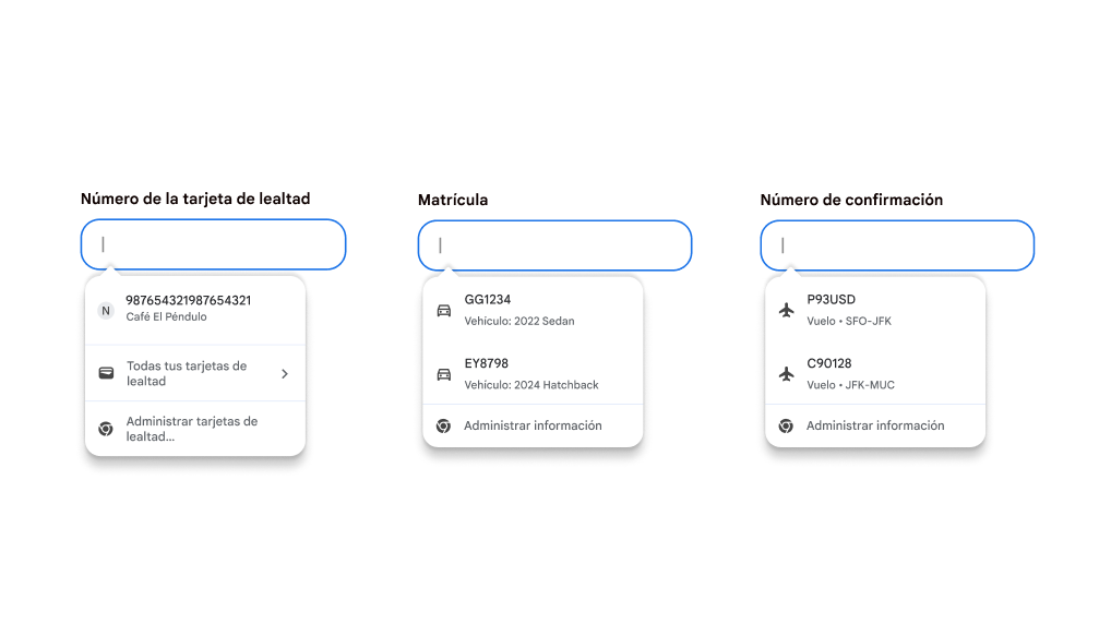Experiencia del usuario de Autocompletar para completar tarjetas de lealtad, información de vehículos y de vuelos.